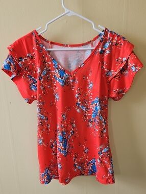 Women's Orange Floral V-Neck Top